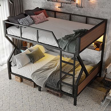 Heybly Queen Over Queen Metal Bunk Bed with Storage Shelves and LED Lights, Heavy Duty Space Saving