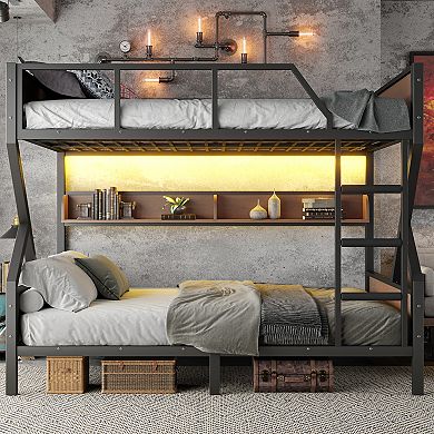 Heybly Queen Over Queen Metal Bunk Bed with Storage Shelves and LED Lights, Heavy Duty Space Saving