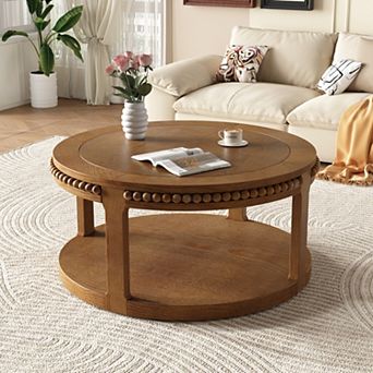 31.5 Inch Round Solid Wood Coffee Table, 2 tier Storage, Sturdy & Easy Clean for Living Room, Home