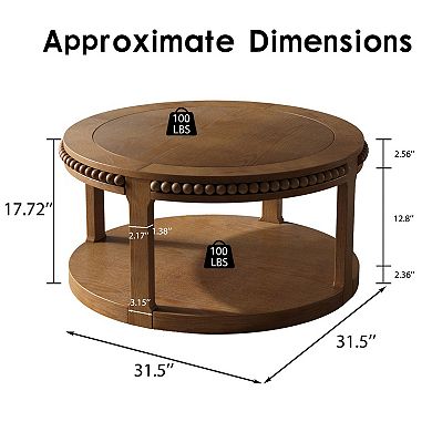 31.5 Inch Round Solid Wood Coffee Table, 2-Tier Storage, Sturdy & Easy Clean for Living Room, Home