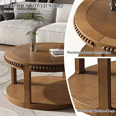 31.5 Inch Round Solid Wood Coffee Table, 2-Tier Storage, Sturdy & Easy Clean for Living Room, Home