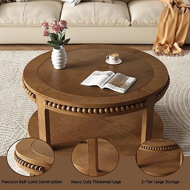 31.5 Inch Round Solid Wood Coffee Table, 2-Tier Storage, Sturdy & Easy Clean for Living Room, Home