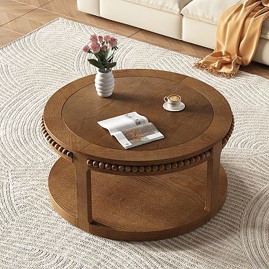31.5 Inch Round Solid Wood Coffee Table, 2-Tier Storage, Sturdy & Easy Clean for Living Room, Home
