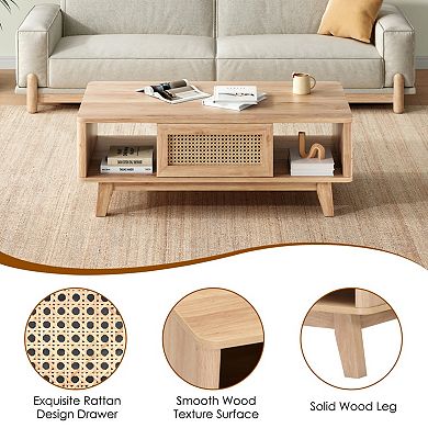 43.7" Wooden Storage Coffee Table with Rattan Drawer, Solid Wood Legs, for Living Room, Apartment