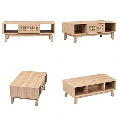 43.7" Wooden Storage Coffee Table with Rattan Drawer, Solid Wood Legs, for Living Room, Apartment