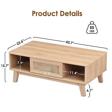 43.7" Wooden Storage Coffee Table with Rattan Drawer, Solid Wood Legs, for Living Room, Apartment