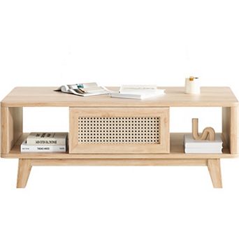 43.7" Wooden Storage Coffee Table with Rattan Drawer, Solid Wood Legs, for Living Room, Apartment