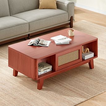 43.7" Wooden Storage Coffee Table with Rattan Drawer, Solid Wood Legs, for Living Room, Apartment