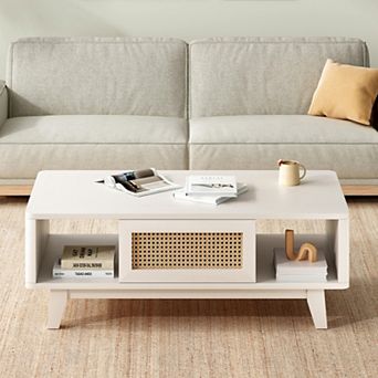 43.7" Wooden Storage Coffee Table with Rattan Drawer, Solid Wood Legs, for Living Room, Apartment