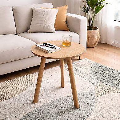 Heybly Round End Table, 100% Natural Solid Oak Wood, Small Accent Side Table for Living Room