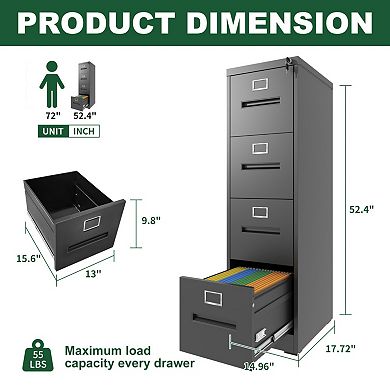 4 Drawer Locking File Cabinet, Metal Vertical, for A4/Legal/Letter Size, Easy Organization