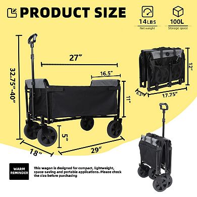 3 in 1 Collapsible Wagon, 220 lbs Capacity, 360° Wheels for Camping, Groceries, Pet Rides