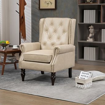 PU Leather Accent Chair, Button-Tufted Wingback Armchair with Wood Legs for Living Room, Bedroom