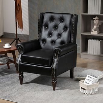 PU Leather Accent Chair, Button-Tufted Wingback Armchair with Wood Legs for Living Room, Bedroom