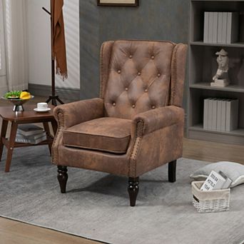 PU Leather Accent Chair, Button-Tufted Wingback Armchair with Wood Legs for Living Room, Bedroom