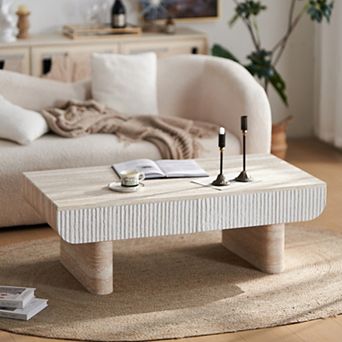 Mid Century Coffee Table with Fluted Drawer, Wood Texture, Space-Saving for Living Room, Apartment