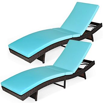 Costway 2 pc Patio Rattan Folding Lounge Chair Chaise Adjustable Cushion