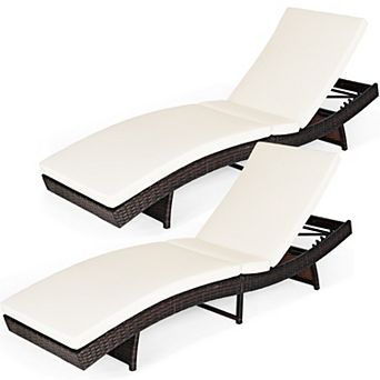 Costway 2 pc Patio Rattan Folding Lounge Chair Chaise Adjustable Cushion