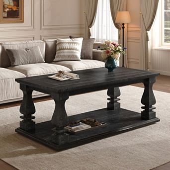 47.24" Weathered Black Farmhouse Coffee Table, Heavy Planked Top, 2 tier Storage for Living Room Den