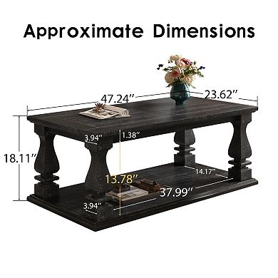 47.24" Weathered Black Farmhouse Coffee Table, Heavy Planked Top, 2-Tier Storage for Living Room Den