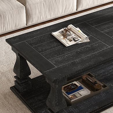 47.24" Weathered Black Farmhouse Coffee Table, Heavy Planked Top, 2-Tier Storage for Living Room Den