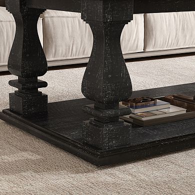 47.24" Weathered Black Farmhouse Coffee Table, Heavy Planked Top, 2-Tier Storage for Living Room Den