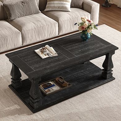 47.24" Weathered Black Farmhouse Coffee Table, Heavy Planked Top, 2-Tier Storage for Living Room Den