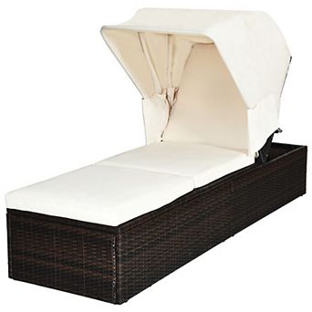 Costway Patio Rattan Lounge Chair Chaise Cushioned Top Canopy Adjustable