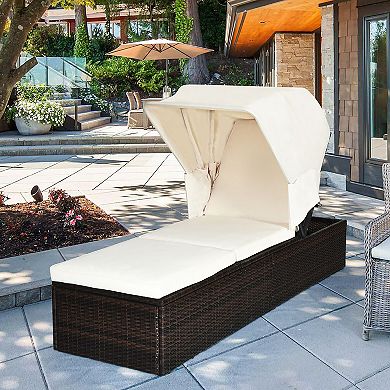 Costway Patio Rattan Lounge Chair Chaise Cushioned Top Canopy Adjustable