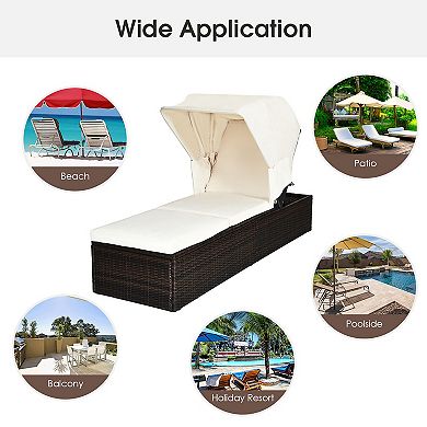 Costway Patio Rattan Lounge Chair Chaise Cushioned Top Canopy Adjustable