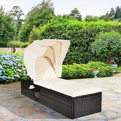 Costway Patio Rattan Lounge Chair Chaise Cushioned Top Canopy Adjustable