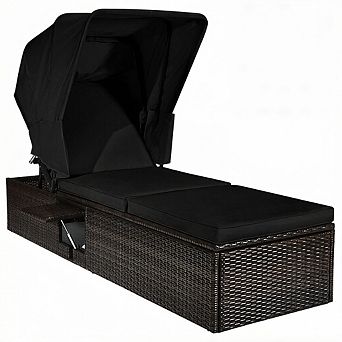 Costway Patio Rattan Lounge Chair Chaise Cushioned Top Canopy Adjustable