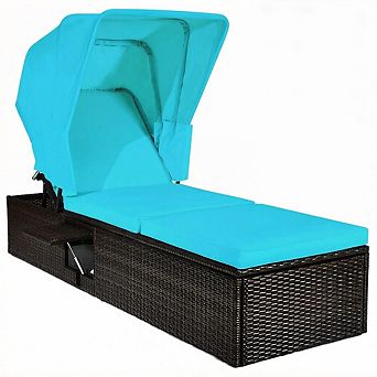 Costway Patio Rattan Lounge Chair Chaise Cushioned Top Canopy Adjustable