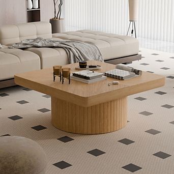 34.6'' Square Coffee Table, Thickened Top , Modern Wood Veneer for Living Room Open-Plan Area