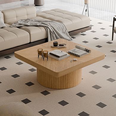 34.6'' Square Coffee Table, Thickened Top , Modern Wood Veneer for Living Room Open-Plan Area