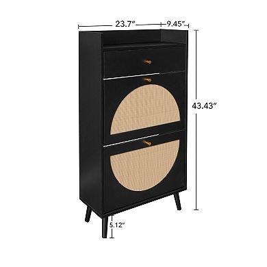 Rattan 2 Flip Drawer Shoe Cabinet, Double Layer Storage for Entryway Hallway, Practical Easy Use