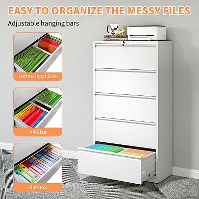 5 Drawer Lockable Metal File Cabinet, 550LBS Load, Quiet Design for Home Office, Fits Legal/A4/F4