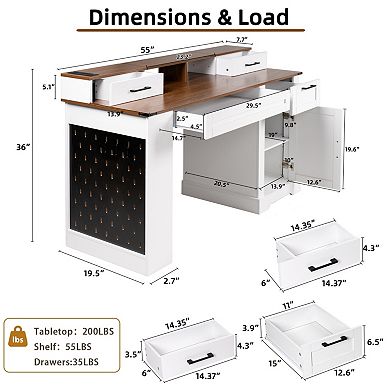 55" Farmhouse Office Desk with Storage, Monitor Stand & Pegboard, for Home Office Study