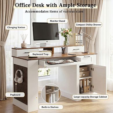 55" Farmhouse Office Desk with Storage, Monitor Stand & Pegboard, for Home Office Study