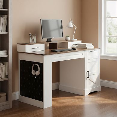 55" Farmhouse Office Desk with Storage, Monitor Stand & Pegboard, for Home Office Study