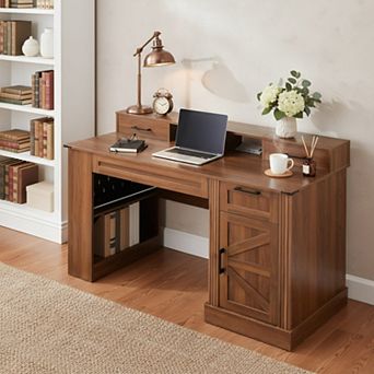 55" Farmhouse Office Desk with Storage, Monitor Stand & Pegboard, for Home Office Study