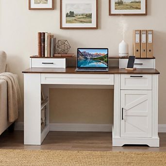 55" Farmhouse Office Desk with Storage, Monitor Stand & Pegboard, for Home Office Study