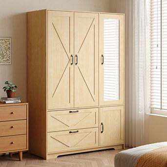4 Doors Wardrobe Closet with Mirror, Wooden Armoire with 2 Drawers for Bedroom & Apartment