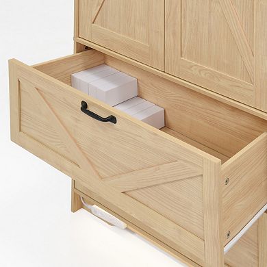 4 Doors Wardrobe Closet with Mirror, Wooden Armoire with 2 Drawers for Bedroom & Apartment