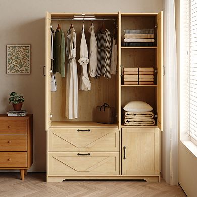 4 Doors Wardrobe Closet with Mirror, Wooden Armoire with 2 Drawers for Bedroom & Apartment