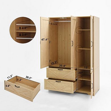 4 Doors Wardrobe Closet with Mirror, Wooden Armoire with 2 Drawers for Bedroom & Apartment