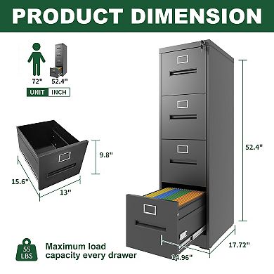 VIYET 4-Drawer Vertical File Cabinet - Locking Steel High-Capacity Storage for Letter & Legal