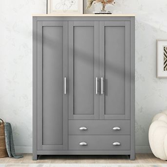 3 Doors Armoire Wardrobe Closet, 67.9"H Freestanding Wooden Storage with 2 Drawers & 2 Hanging Rods