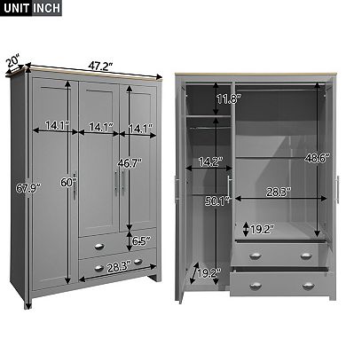 3 Doors Armoire Wardrobe Closet, 67.9"H Freestanding Wooden Storage with 2 Drawers & 2 Hanging Rods