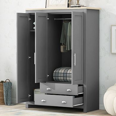 3 Doors Armoire Wardrobe Closet, 67.9"H Freestanding Wooden Storage with 2 Drawers & 2 Hanging Rods